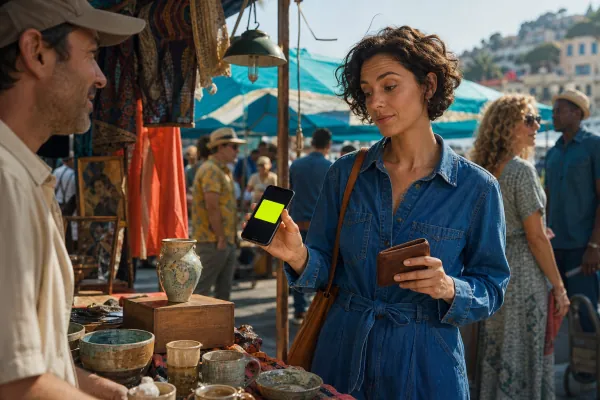 A cautious checkout at an outdoor market